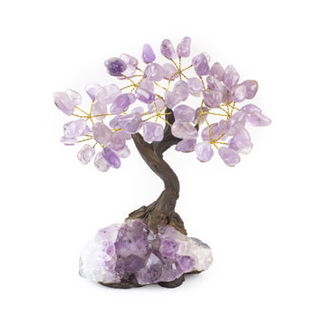 Medium Amethyst crystal bonsai tree with polished stones wired to amethyst base.